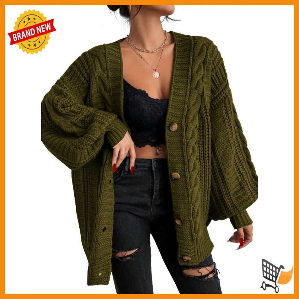 Oversized Cable Knit Cardigan, Soft Polyester, V-Neck Button Front